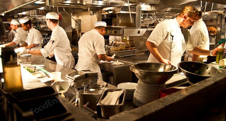 Food production in a restaurant kitchen with a number of busy cooks 