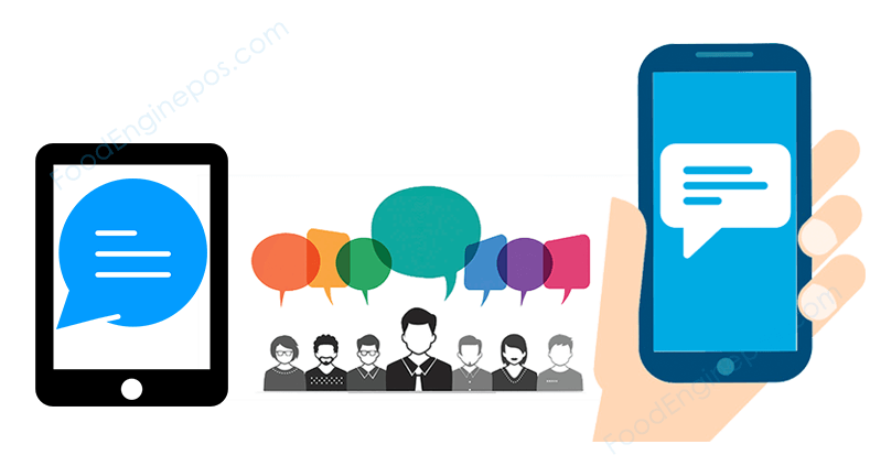 Two gadgets with customer feedback app next to a graphic of a group of people giving feedbacks